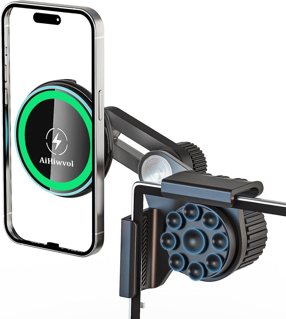 for Qi2 15W Tesla Phone Mount Charger [Heat Restriction], Strong Suction Cups for Tesla Model Y/3 Screen Magsafe Car Wireless Charger for iPhone 17 16 15 14 13 12 Series with 40 C-C Cable