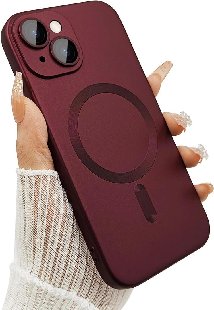 Magnetic case for iPhone 13 Phone Case for Women/Men, Matte Luxury Soft Metallic Luster Design with Camera Lens Protector, Compatible with Magsafe Case for iPhone 13 6.1"-Wine Red