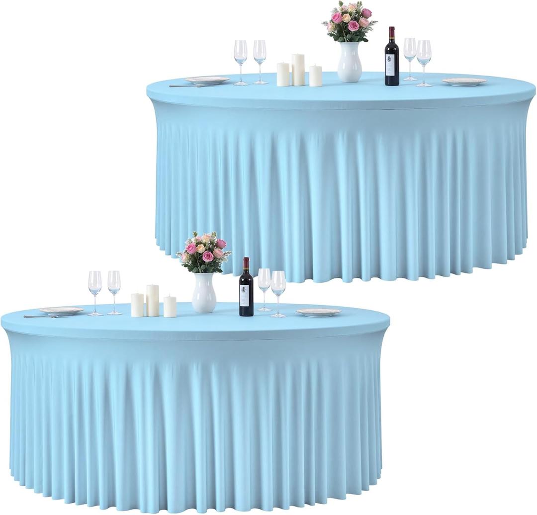 GALLETY 2 Pack Baby Blue Round Tablecloth for 5FT Tables, 120 inch Fitted Spandex Table Cloth with Skirt, Wrinkle Free Stretchy Circular Table Cover for Baby Shower, Birthday, Gender Reveal Party