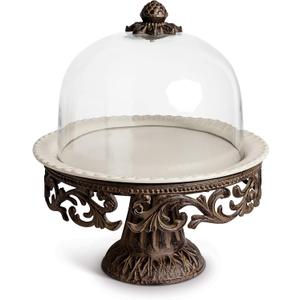 Glass Domed Cake Pedestal with Acanthus Leaf Ornate Brown Metal Base and Cream Ceramic Plate