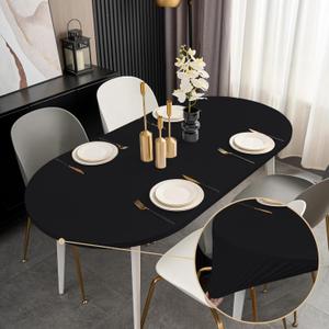 Black Fitted Oval Tablecloth with Elastic 48x72 Inch Outdoor Table Cover Spandex Stretchy Solid Color Fabric Dining Table Cloth for Party Wrinkle Free Non Slip