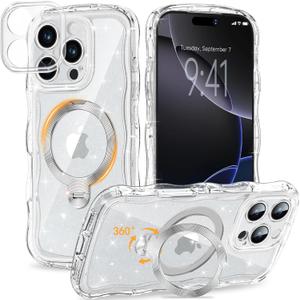Magnetic for iPhone 16 Pro Max Case Clear, Sparkly Bling Glitter Cute Curly Wave Transparent Cover for Women, Compatible with MagSafe ShockProof Phone Glitter Case with 360 Spin Stand 6.9", Clear