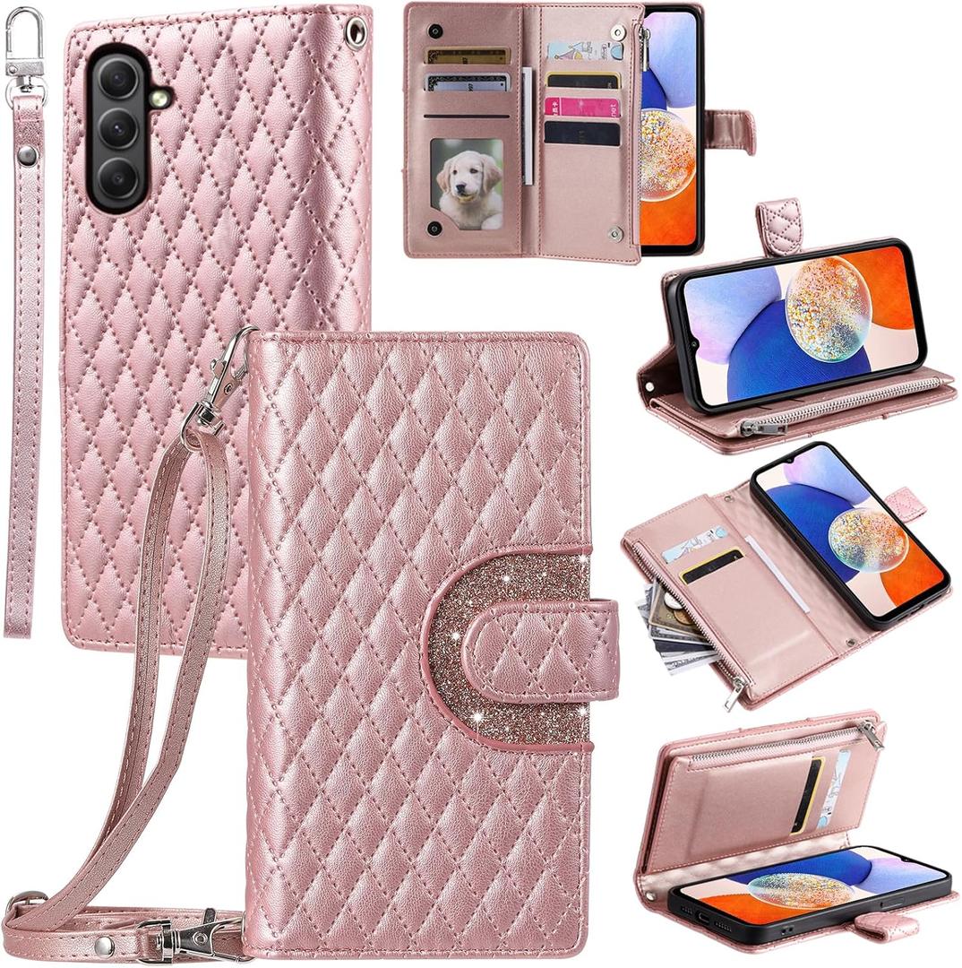Phone Case for Samsung Galaxy A14/M14 5G Wallet Cover with and Crossbody Wrist Strap Shoulder Strap 9+ Card Slots Zipper Purse Luxury PU Leather Stand Cell A 14 4G 14A 14M G5 Women Men Pink