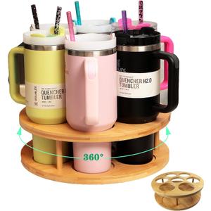 7 Slots Water Bottle Organizer for Stanley Cup Tumbler Accessories Owala Bottle Holder Rotatable Drying Rack Storage for Kitchen Cabinet Countertop Pantry Organizers for Gift, Natural Wood