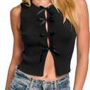Women's Crop Bow Tie Front Vest Tops Cute Crew Neck Ribbed Fitted Going Out Tank Tops, Size M