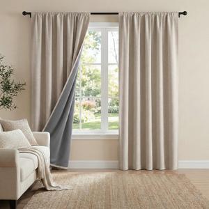 NICETOWN 100% Blackout Curtains for Bedroom & Nursery - Thermal Insulated Rod Pocket Drapes, Faux Linen Textured Draperies with Gray Blackout Liner, Natural, W52 x L80 in, 2 Panels