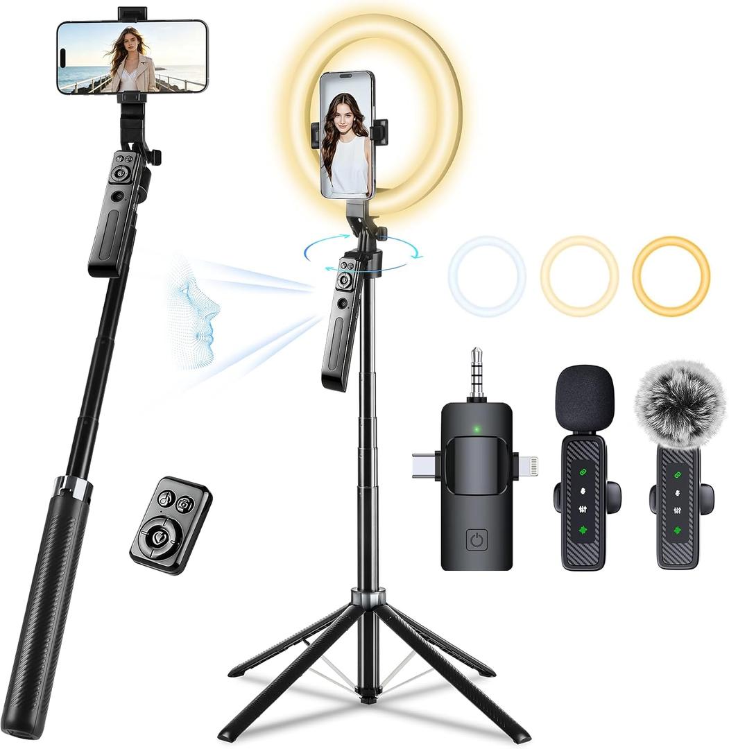 Vlogging Kit with 2 Mics and 10" Ring Light, 71” Tracking Tripod for iPhone