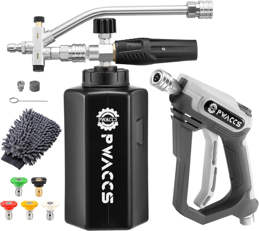 PWACCS Pressure Washer Foam Gun with Dual Connector Accessory, Short Power Washer Gun Foam Cannon and Double Tip Attachment Car Wash Kit, 1/4" Quick Connector, M22 Male Inlet, 4000 PSI, 1.5 Liter