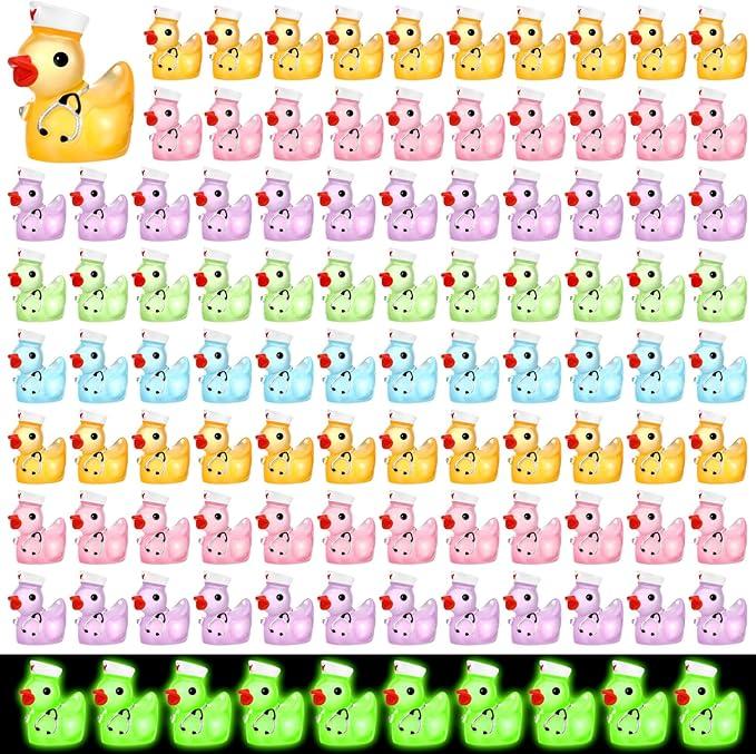 Gemscream 100 Pcs Mini Resin Ducks Luminous Summer Resin Ducks Figurines with Nurse Hat Glow in The Dark Tiny Animals Figures for Landscape Garden Potted Plants Party Decor