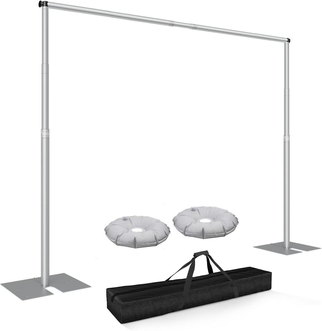 Heavy Duty Backdrop Stand, 8.5ft x 10ft Pipe and Drape Backdrop Stand Kit with Metal Flat Base, Adjustable Background Support System for Wedding Party Birthday Photoshoot Decoration - Silver
