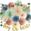 Baby Gender Reveal Decorations Sage Green Dusty Pink and Blue Baby Shower Decorations Boy Or Girl Banner Sage Dusty Pink Blue Paper Pom Poms Fans for Baby Girls Boys Shower Party Decor