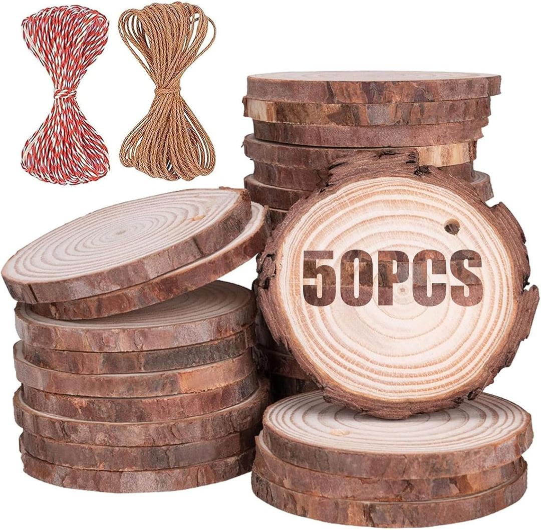 Wood Ornaments, Mathtoxyz Wood Slices 2.4-2.8 Inches 50 Pcs Rustic Unfinished Wood Log Discs Predrilled Wooden Circles for DIY Arts Crafts Halloween Christmas Ornaments Wedding