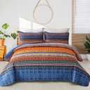 WONGS BEDDING Boho Fall Queen Quilt Set, Blue and Orange Bohemian Queen Quilt Bedding Set, Lightweight Microfiber Bed Decor Bedspread for All Season 96"x90"(3 Pieces)