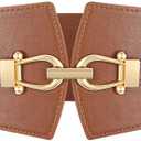 Wide Elastic Belts for Women Stretch Belt Gold Buckle Stretchy Waist Belts for Dresses Coats (Fit Waist Size 32"-35", Brown)
