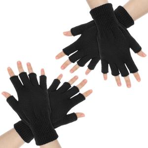 2 Pairs Knit Warm Fingerless Gloves for Men Women, Stretch Half Finger Gloves for Cold Weather, Half Finger Typing Glove, Winter Warm Knitted Mittens for Women Men (One size, Black)