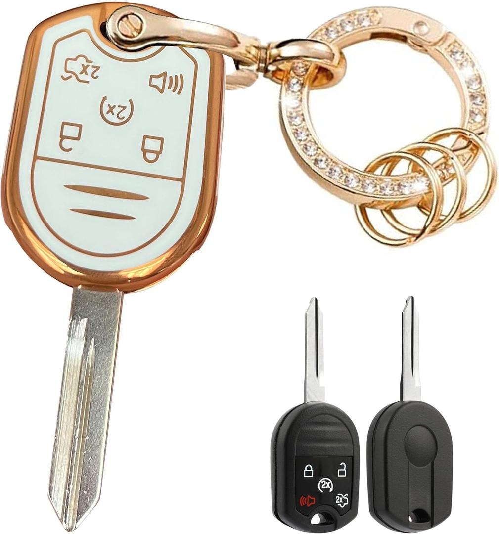 for Ford Key Fob Cover Keyless Entry Systems Key Shell with Keychain Fit for Ford F-150/F150 F-250 F-350 Super Duty Explorer Expedition Lincoln Mercury MHz (White-Gold, 5 Buttons)