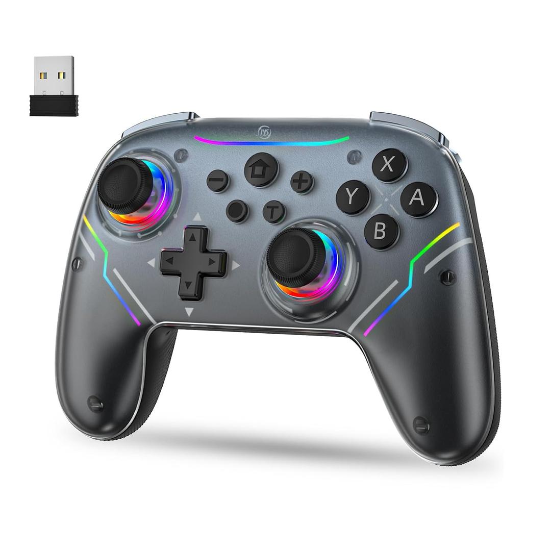 JDDWIN Wireless Controller for Switch 2/Switch/PC/Steam Deck, Hall Effect Joysticks & Triggers/Wake-up Function, Gamepad with RGB Light /Turbo/Programmable/ Dual Vibration Bluetooth USB Adapter for PC (Black)
