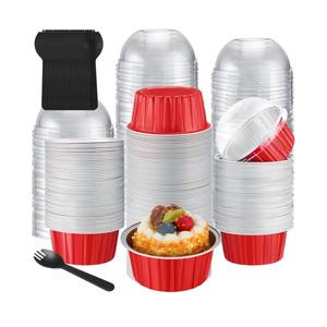 200 Pcs 5 oz Cupcake Liners Mini Aluminum Cake Pans Foil Baking Cups Loaf Pans with Dome Lids and Spoons Disposable Ramekins for Party Christmas Graduation Wedding Birthday(Red)