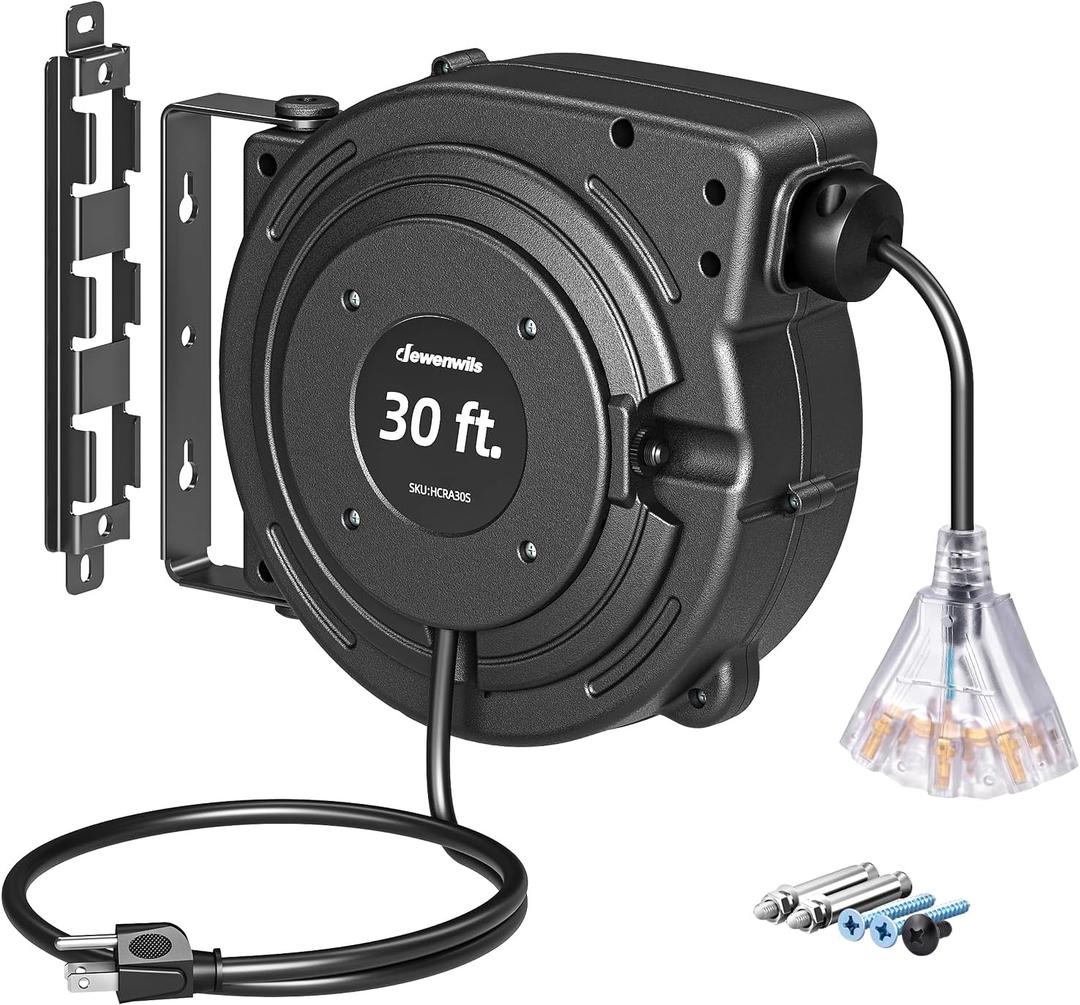 DEWENWILS 30FT Retractable Extension Cord Reel, 16/3C SJTW Heavy Duty Power Cord, Lighted Triple Outlets, 10A Circuit Breaker, Lightweight 180 Swivel Bracket, Ceiling/Wall Mount, ETL Listed, Black
