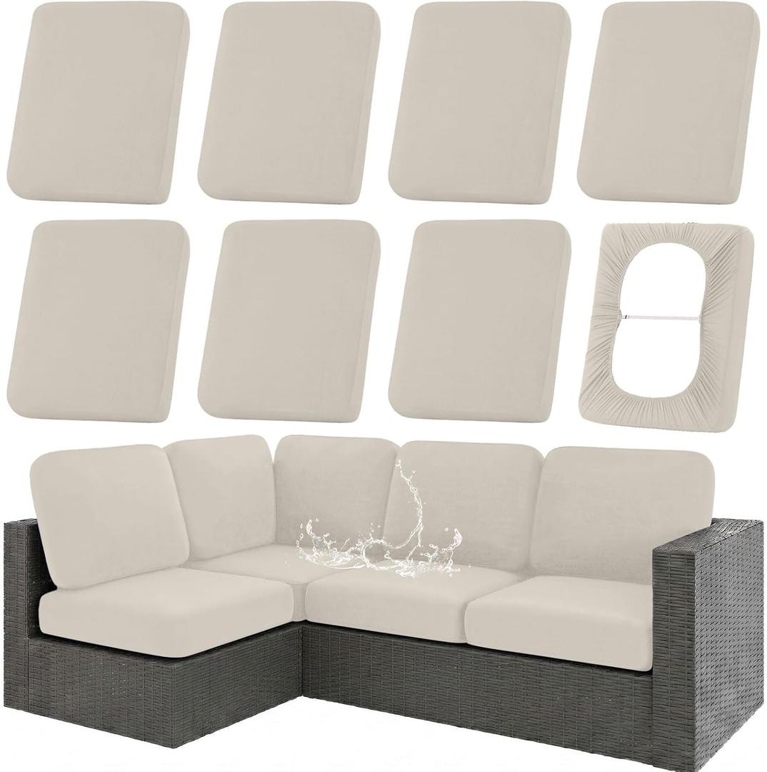 Hyha Waterproof Outdoor Cushion Covers for Patio Furniture, Stretch Patio Chair Cushion Slipcovers, Coated UV Resistant Replacement Seat Covers, Solid Color (Taupe, 8PC)