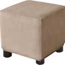 Ottoman Cover Square Velvet Storage Ottoman Slipcovers Thick Stretch Footrest Foot Stool Covers Protector with Elastic Band(Small-Camel)
