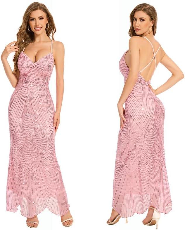 Women's V Neck Spaghetti Straps Sequin Sparkly Glitter Irregular Hem Prom Dress Bcakless Maxi Evening Gowns (Large, Pink)