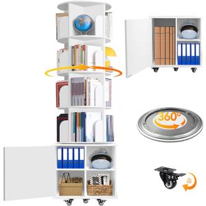 6 Tier Rotating Bookshelf Spinning Bookshelf Tower 360° Revolving Bookcase with Storage Cabinet Corner Organizer Storage Round Carousel with Wheels, White