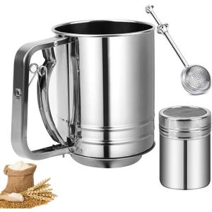 Flour Sifter, Stainless Steel 3 Cup Flour Sifters for Baking, 3 in1 Sifter for Baking with Powdered Sugar Shaker Duster and Flour for Baking Cakes, Pies, Pastries, Desserts and Cupcakes