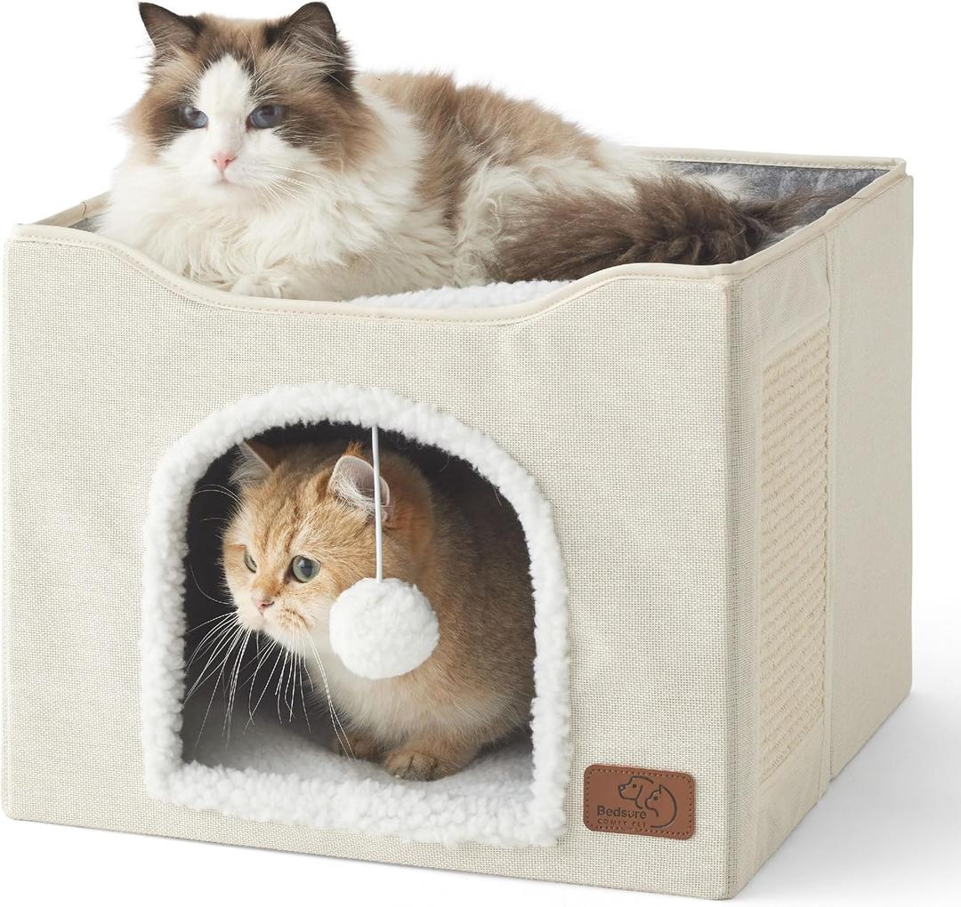 Bedsure Cat Beds for Indoor Cats - Large Cat Cave for Pet Cat House with Fluffy Ball Hanging and Scratch Pad, Foldable Cat Hideaway, 16.5x16.5x13 inches, Ivory (Single)