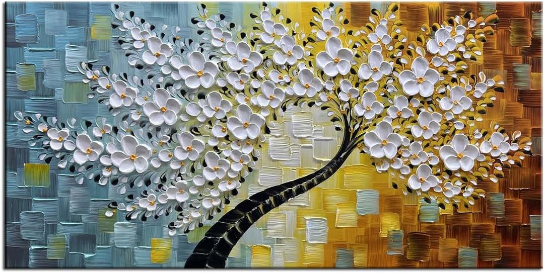 YaSheng Art-Handmade White Flower Contemporary Art Oil Painting On Canvas 3D Texture Abstract Tree Paintings Modern Home Bedroom, Dining Room, Wall Art Decor Ready to Hang20x40inch (YS-0010)
