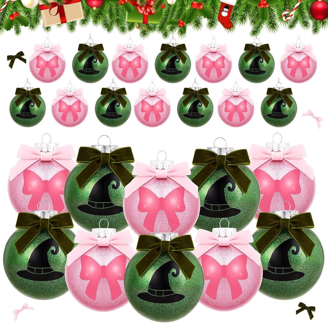 Threehoney 24 Pcs 3.15 Inch/80MM Christmas Witch Ball Ornaments for Tree Glittering Pink and Green Witch Bow Hanging Baubles Ball Christmas Tree Decor Home Xmas Holiday Party Decoration Supplies