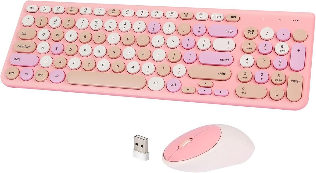 Wireless Keyboard and Mouse Combo, Retro Typewriter Keyboard with Round Keycaps, 2.4GHz USB Cute Wireless Keyboard Mouse for Computer, Desktop, Laptop and Computer (Pink-Colorful)