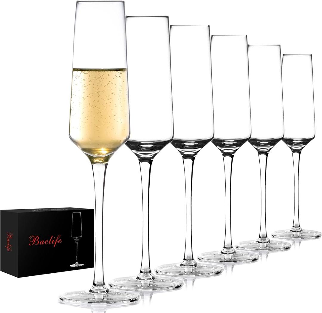 BACLIFE Champagne Flutes - Hand Blown Elegant Champagne Glasses Set of 6 - Unique Gift for Mother's Day, Birthday, Wedding - Ideal for Tasting, Daily Use - 7.5 oz, Clear