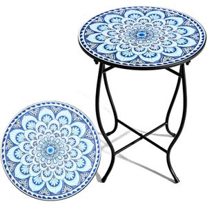 Round Side Table, 14 Patio Accent Weather Resistant Metal Side Table for Livingroom Patio Balcony Yard Porch Garden, Indoor Outdoor Small Plant Stand (Blue)
