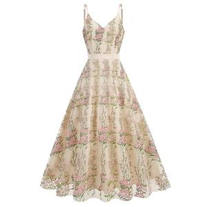 Women's Floral Embroidered Tulle Prom Maxi Dress A line Evening Gowns Summer Long Floral Embroidery Tulle Dress for Women Flower Prom Dress Formal Wedding Guest Evening Dress Apricot-Pink Floral 9-10Y