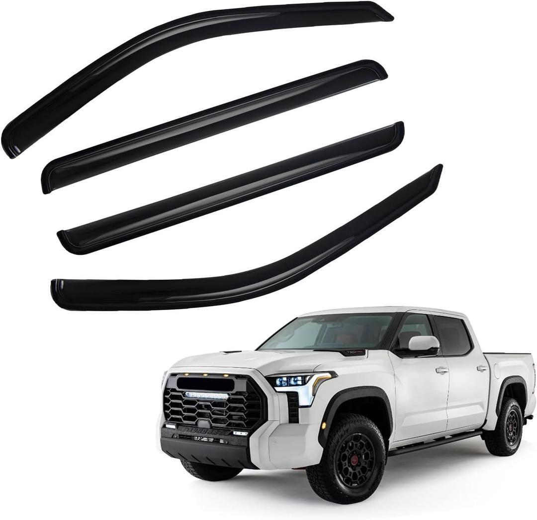 Window Rain Guards Compatible with 2022-2024 Toyota Tundra CrewMax | 4Pcs Tape-On Window Visors Fits Tundra 22 23 24, Vent & Side Window Deflectors, Outside Mount, Smoke Tint Acrylic