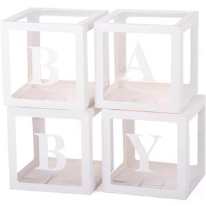 Baby Boxes with Letters for Baby Shower, Gender Reveal Decorations with 4 Transparent Balloon Boxes for Gender Reveal Baby Shower Decorations(White)