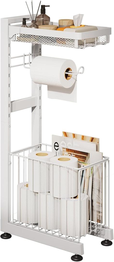 Toilet Paper Holder Stand with Storage Shelf - Multi Tier Metal Toilet Paper Stand with Large Basket for Tissue Rolls, Wipes (White)