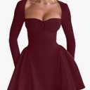 YMDUCH Women's Sexy Long Sleeve Sweetheart Neck A-line Ruffle Hem Party Club Mini Dress Large, Burgundy Red 