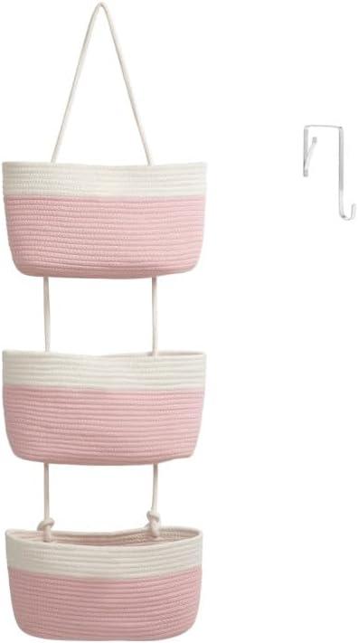 TeoKJ Over the Door Hanging Basket, 3-Tier Woven Cotton Wall-Mounted Storage Organizer Bag Decorative Hanging Nursery Baskets, Pink & White