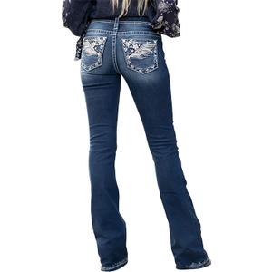 QJBMEI Women's Jeans Feather Flower Embroidery Mid Rise Stretchy Bootcut Slim Wide Leg Pants S