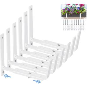 HFHOME 6 PCS Adjustable Planter Box Brackets (6 to 12.5 in), Universal Window Box Brackets, Heavy Duty Metal Flower Box Wall Mounting Hooks for Balcony, Fences, Patio, and Garden - White