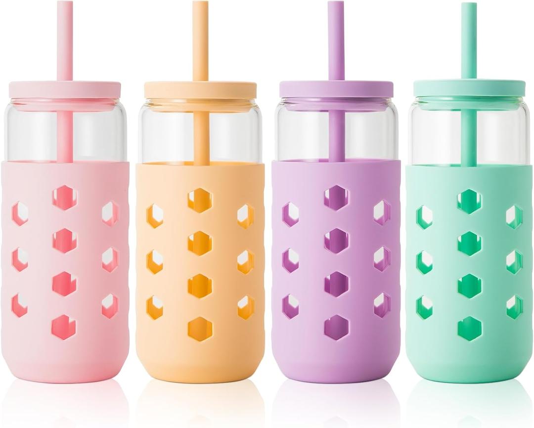 Mrsdry 20 oz Glass Cups With Lids and Straws, 4-Pack Iced Coffee Cup - Smoothie Cup With Silicone Lid and Sleeve for Coffee Bar Accessory, Cute Drinking Glasses Set Reusable Glass Tumbler for Gifts