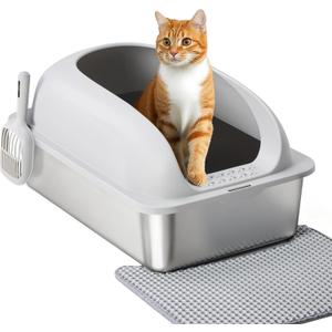 OLIXIS Stainless Steel Cat Litter Box with Lid, Large Cat Litter Box for Big Cats, High Wall Sides, Anti-Urine Leakage, Easy Cleaning, Scoop and Mat Included, Light Gray