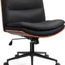 Office Chair, Criss Cross Legged Office Desk Chairs with Wheels, PU Leather Adjustable Wide Swivel Walnut Task Chair with Linen Fabric, Ergonomic Mid Back Computer Chair for Meeting Room, Home (Black Linen and Wooden Frame)