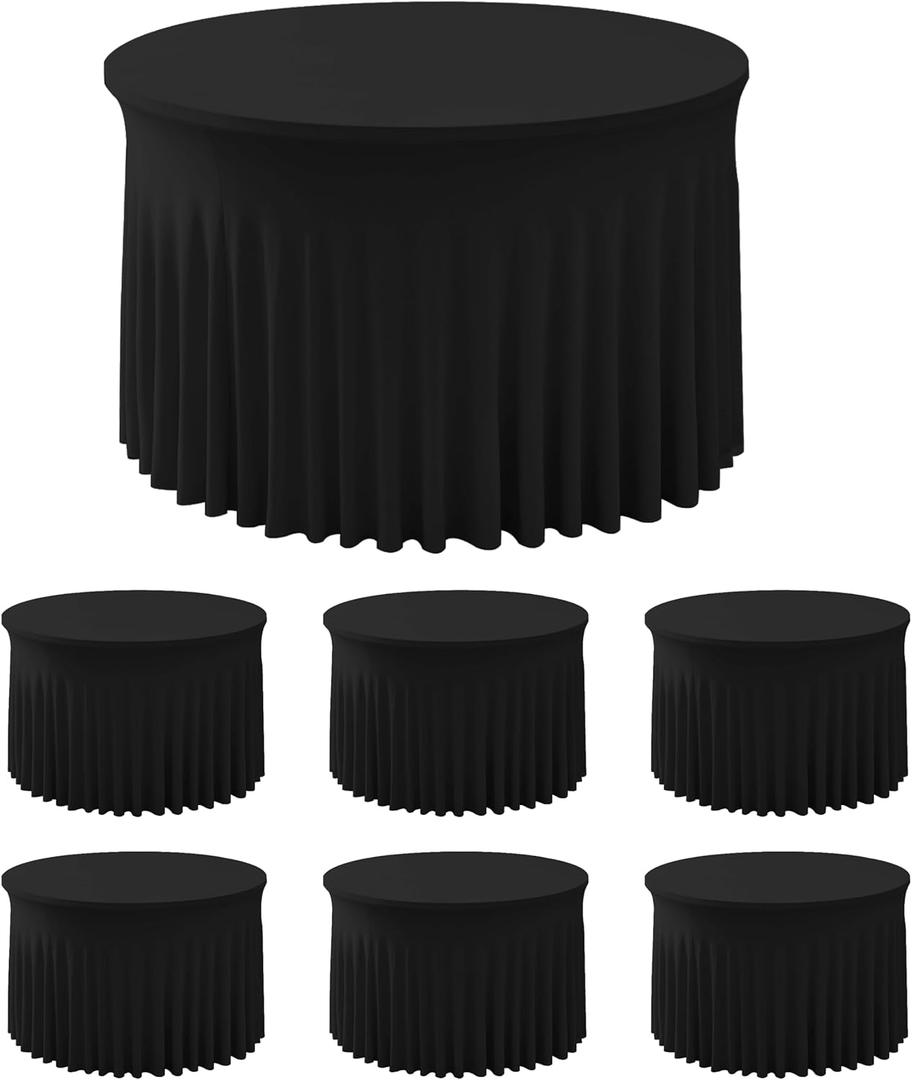 HolidayIdeas 60 Inch Black Spandex Round Table Skirts,Fitted Stretch Tablecloths for Round 5 ft Table, Wrinkle-Free Ruffle Design Tablecloths for Banquets,Trade Shows, Parties, Events, 6 Pcs