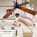 52" Lighted Ceiling Fan, Solid Wood Ceiling Fan, with Remote Control and DC Motor, 5 Blades, Suitable for Living Rooms, Bedrooms, Farmhouses, Hallways, Indoor and Outdoor Ceiling Fans - Black + Walnut