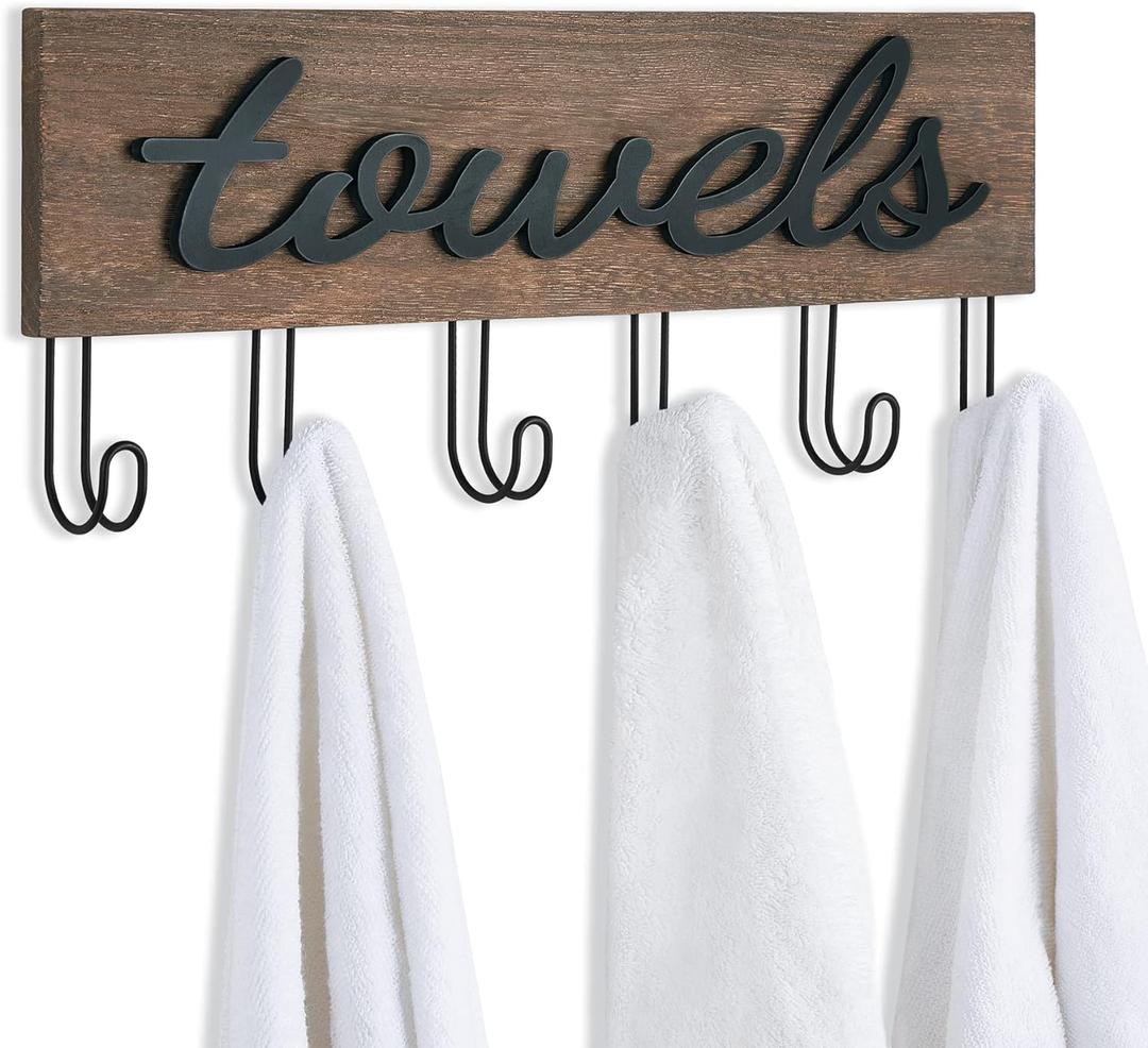 Mkono Towel Holder Wall Mounted Towel Rack Bathroom Decor Rustic Wood Towel Hooks to Hang Towels Bathroom Robe Coat Clothing, Bath Towel Hanger Storage Home Decor Organizer, Medium (Brown)