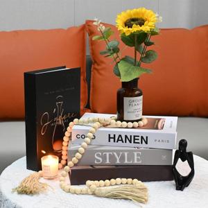 Decorative Books for Home Decor, Set of 4 Fake Books with Wood Bead Tassel, Aesthetic Bookshelf Decor for Living Room, Office, Bedroom, Coffee Table Decoration, Modern Stacked Display
