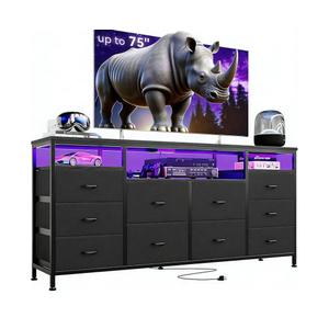 Garvee 63 Inch TV Stand for 65–75 Inch TV, Entertainment Center with 10 Fabric Drawers, LED Lights, Power Outlets & Open Storage Shelves